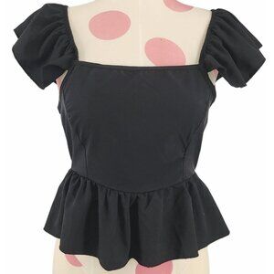 Women's Dreimp Black Tie Back Ruffle Crop Summer Top XS Ruffle Sleeves Flirty